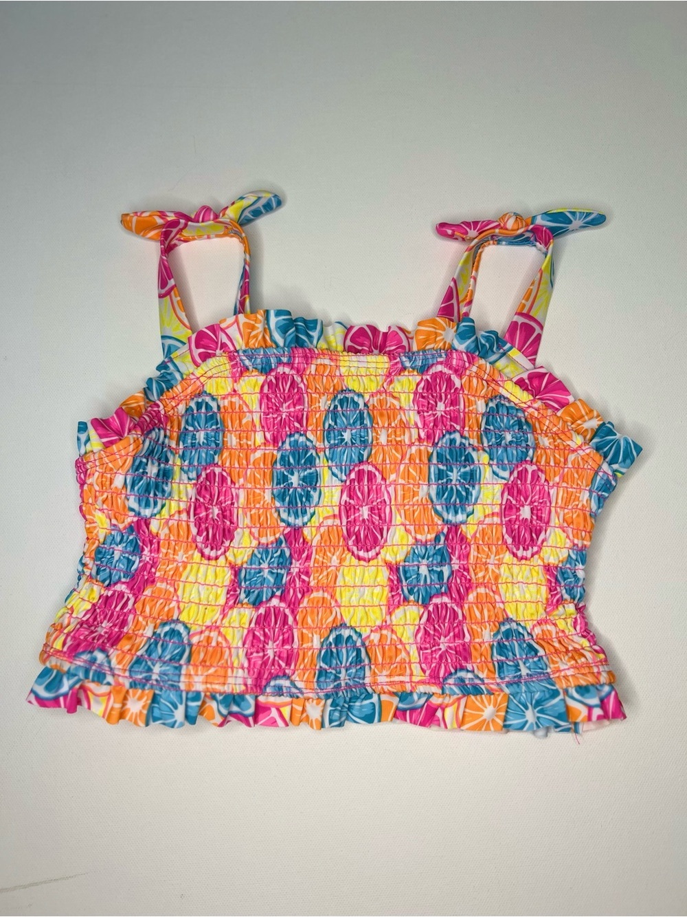 Betsey Johnson Girls Citrus Smocked Bikini Top Sz 12 Summer colorful